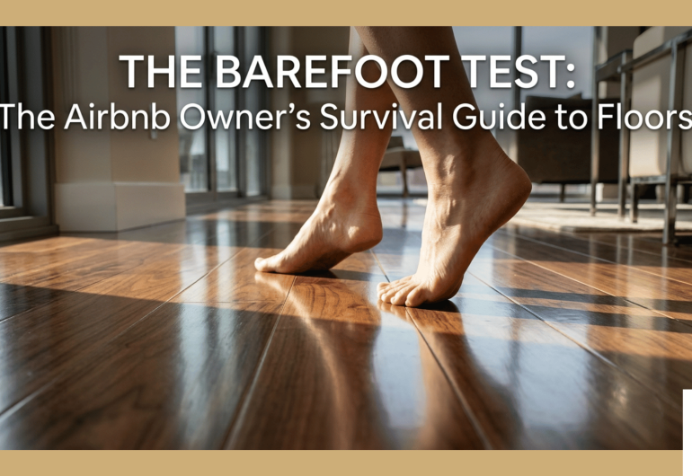 A bare foot stepping onto a shiny, clean hardwood floor in a modern vacation rental, demonstrating the barefoot test for Airbnb cleanliness.